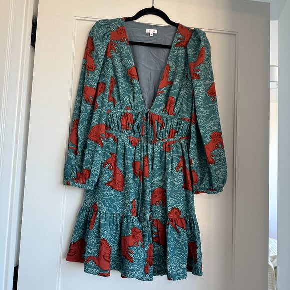 Rhode Mini Dress Velvet Plunge Neck Long Puff Sleeves Blue Horse Print Sz Small - Picture 1 of 9